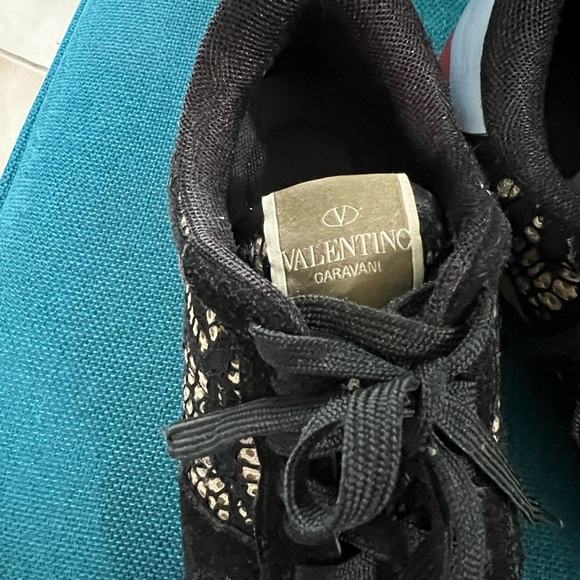 Valentino Garavani Black & Gold One Stud Low-Top Sneakers  Valentino Women\'s Black and Gold Lace Sneakers